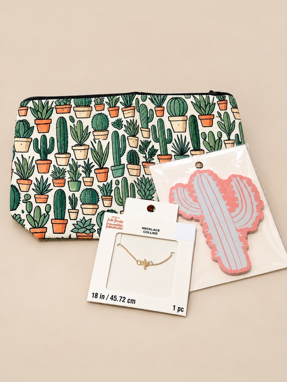 Desert Cactus Arizona themed birthday gift with Charm Necklace & make up bag NWT